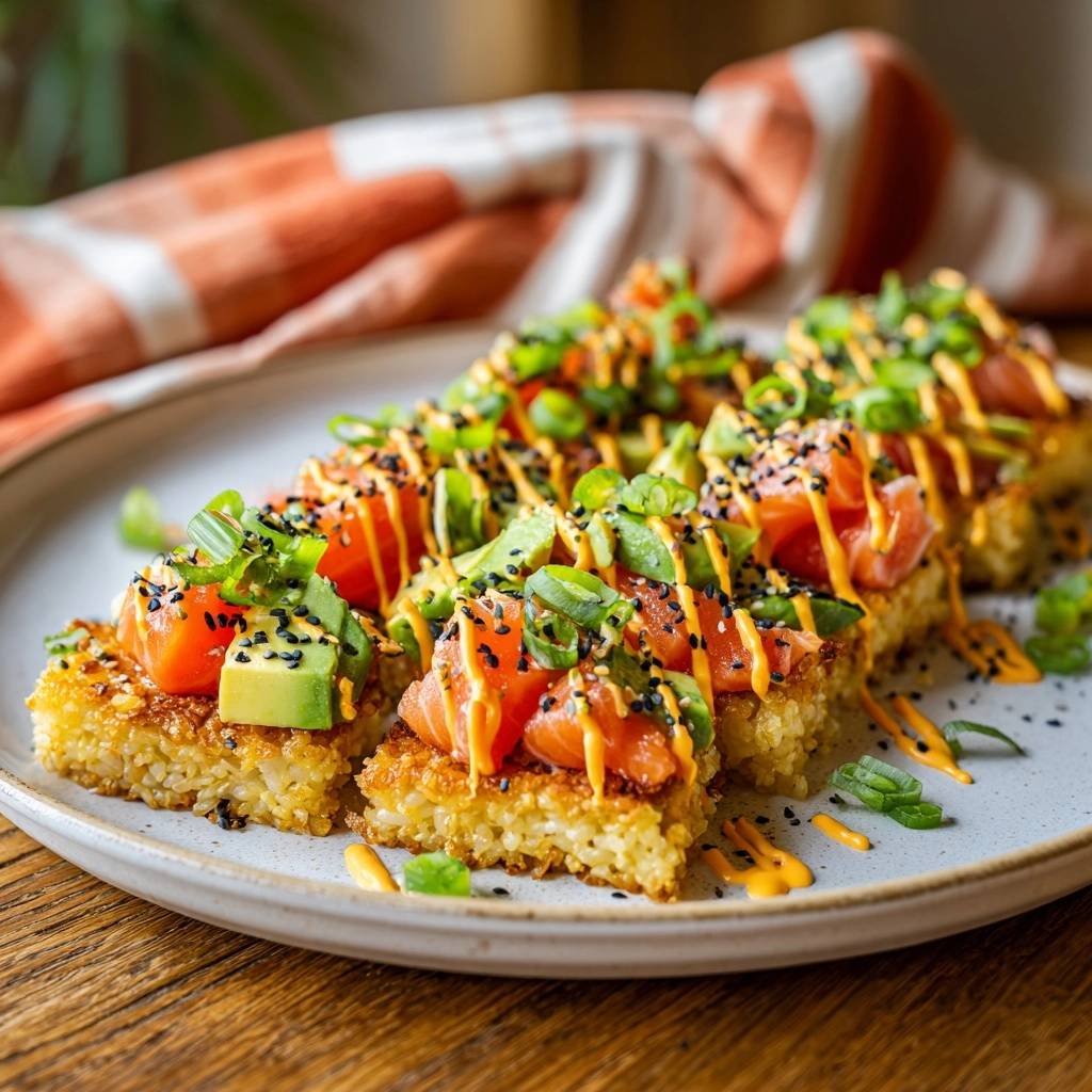 Crispy salmon rice bites plated with avocado and drizzled with sauce, seen from a close-up angle.