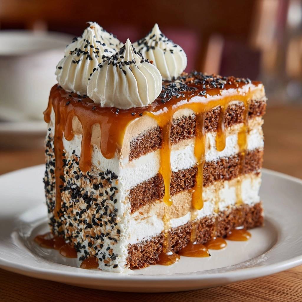 Salted caramel and black sesame layer cake slice shown with dripping caramel glaze and piped frosting.