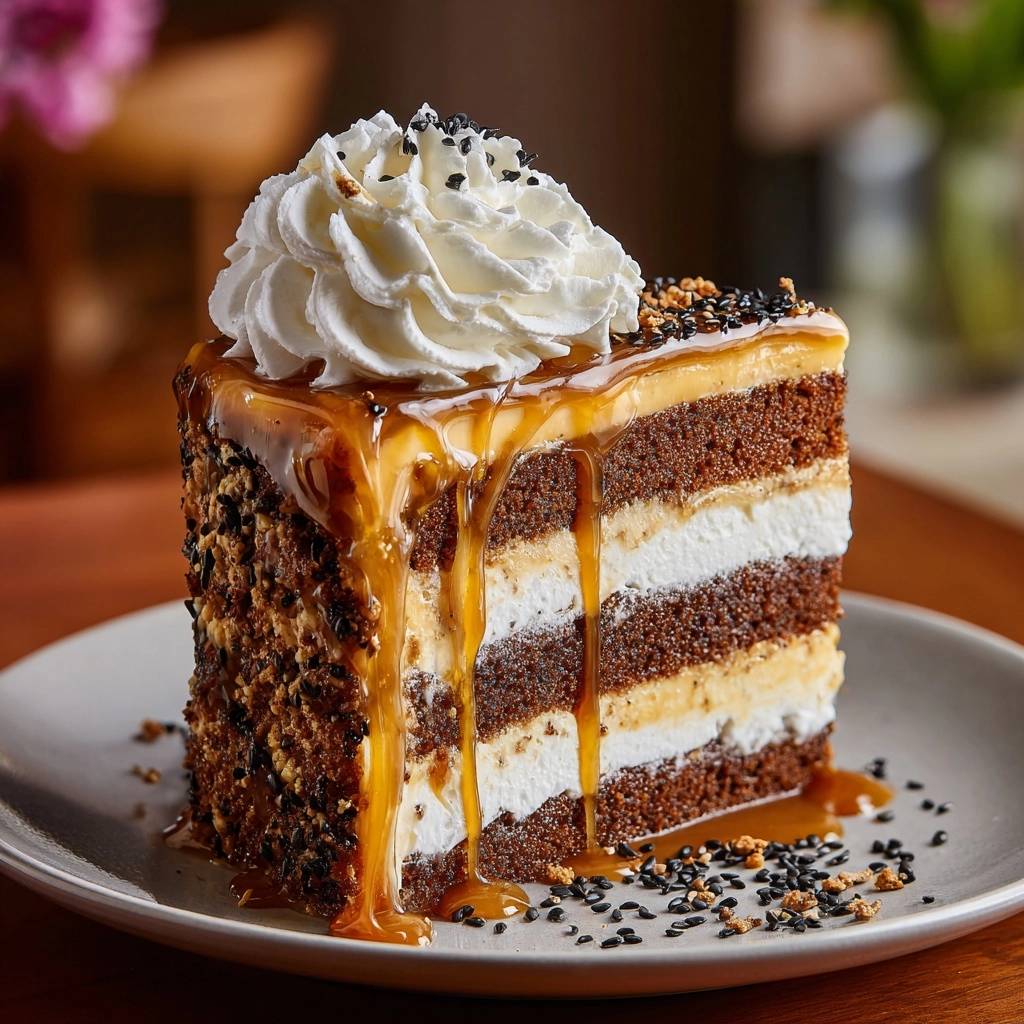 Salted caramel and black sesame layer cake slice with dripping caramel and whipped cream topping.