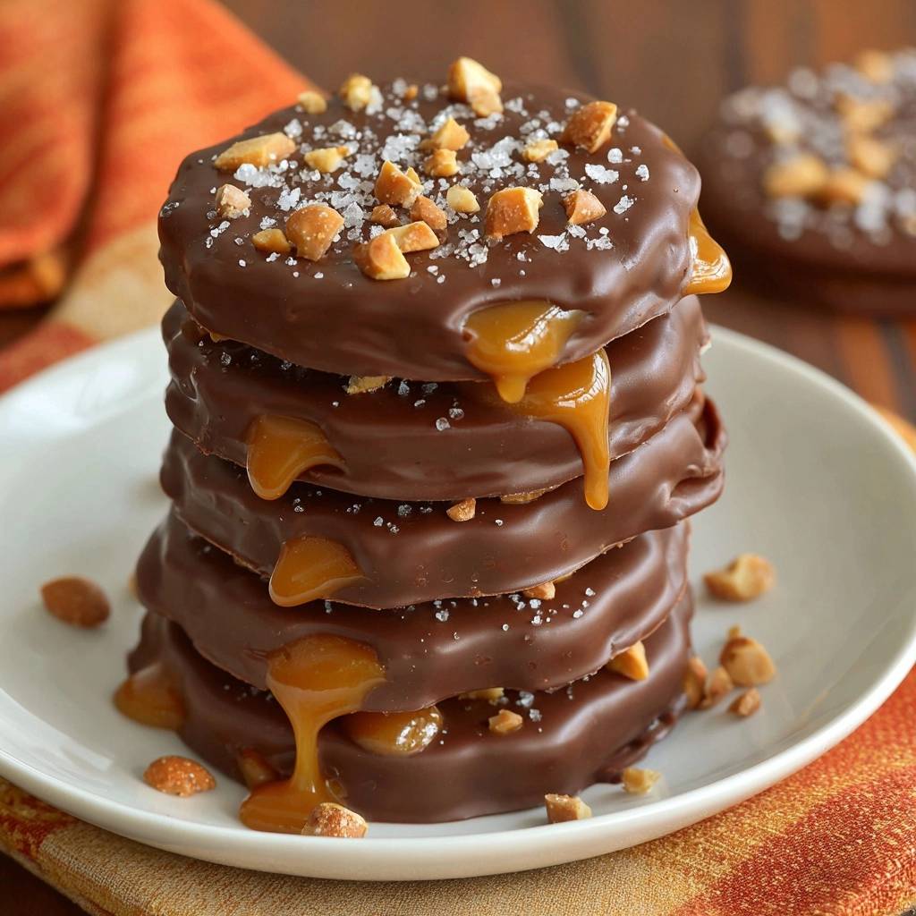 Salted caramel chocolate discs with gooey caramel dripping down the sides, sprinkled with nuts and sea salt.