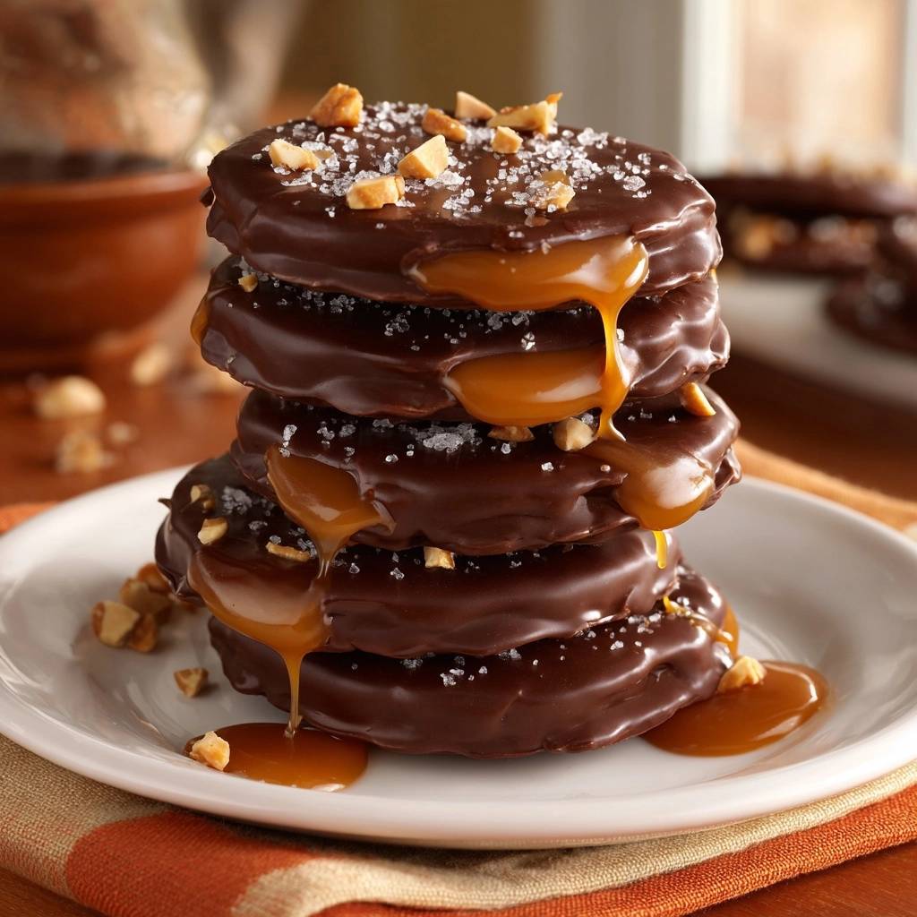 Salted caramel chocolate discs stacked high, with gooey caramel dripping down the sides and sprinkled with sea salt.