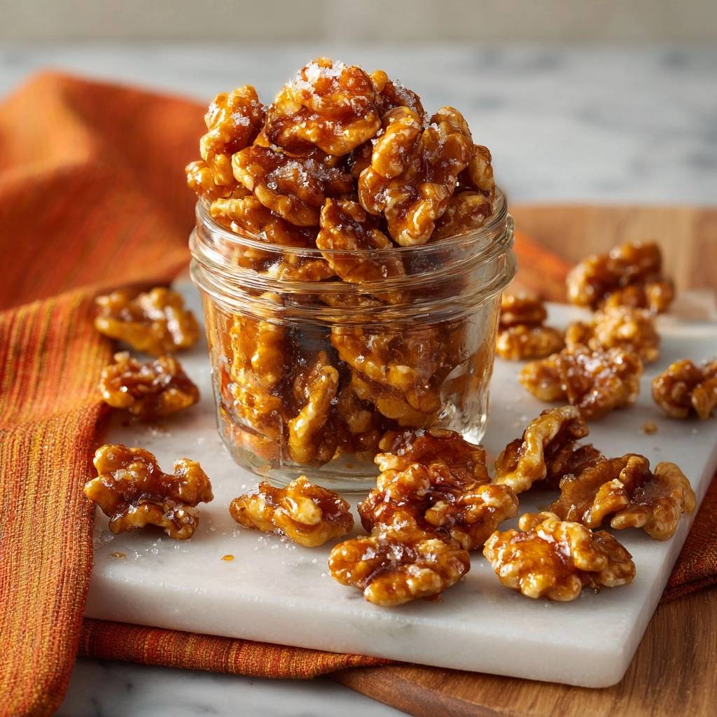 Salted caramel glazed walnuts overflowing from a small glass jar, with a few scattered on a marble surface.