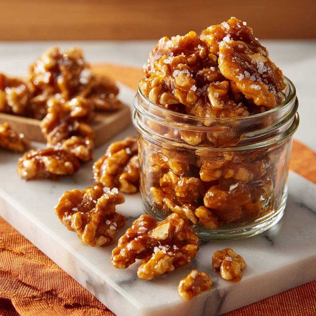Salted caramel glazed walnuts in a glass jar, with a close-up view of their glistening texture and sea salt crystals.