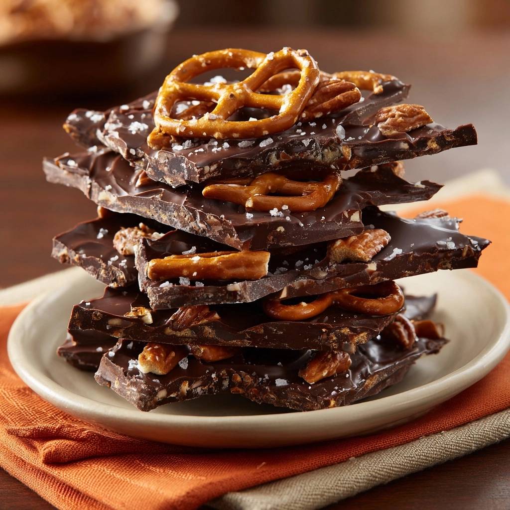 Salted pecan and pretzel dark chocolate bark stacked high, showcasing a close-up view of the texture and toppings.