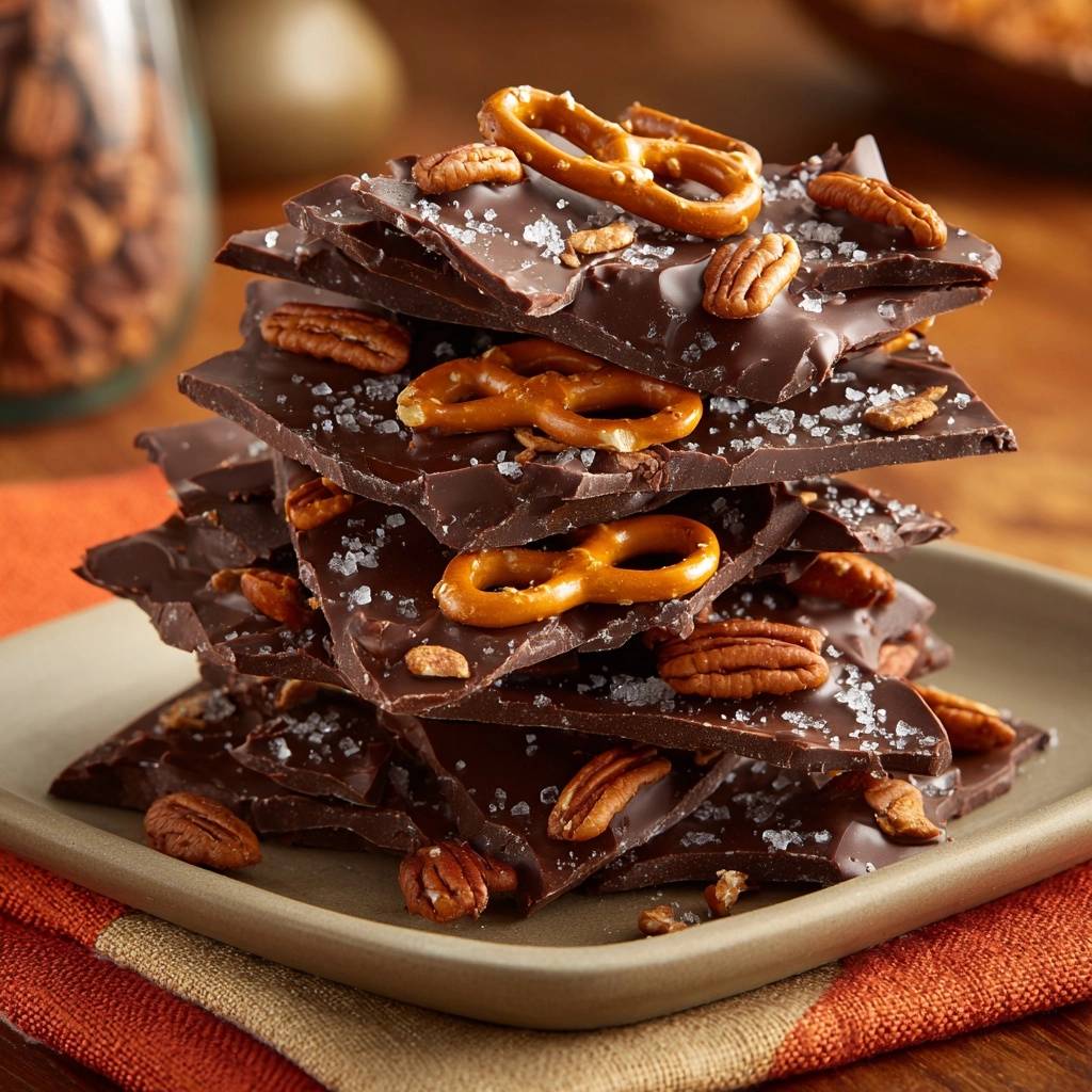 Salted pecan and pretzel dark chocolate bark stacked high on a plate, showcasing the rich texture and toppings.