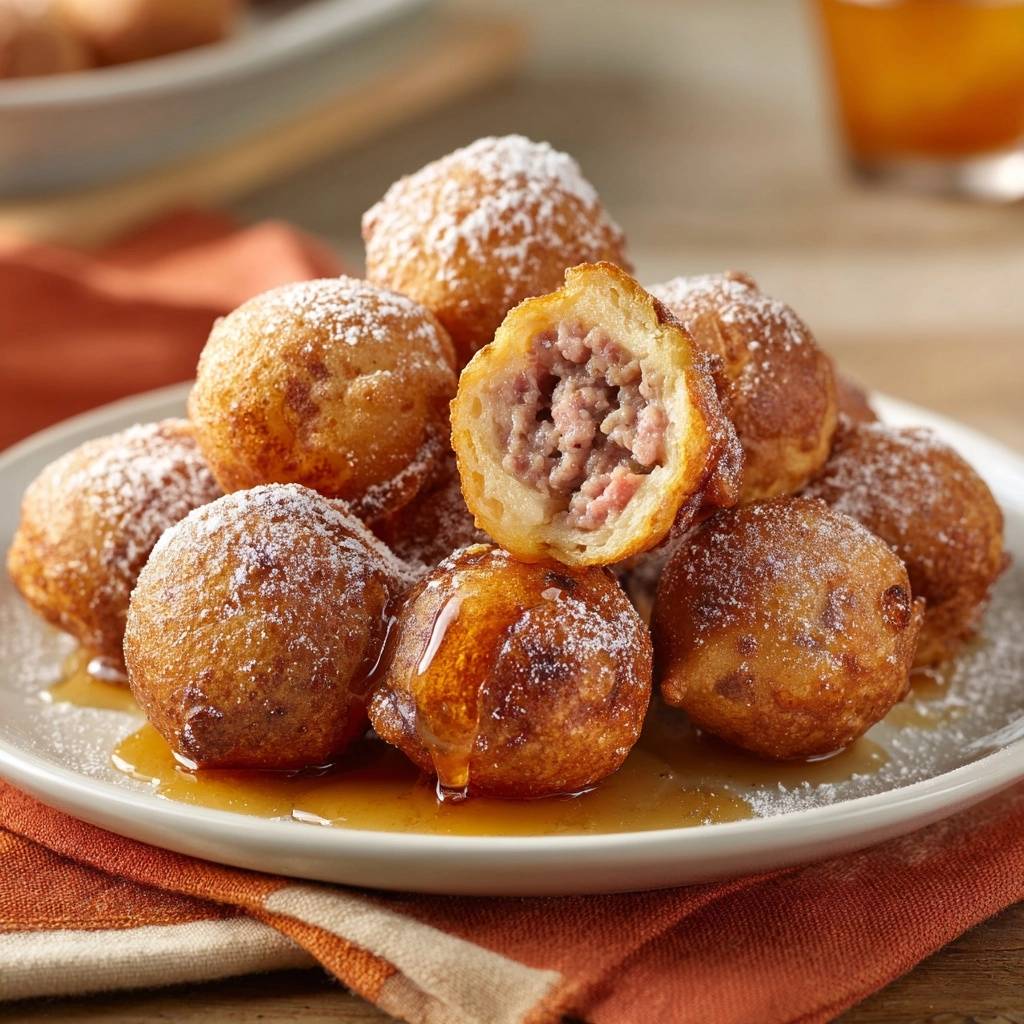 Sausage pancake breakfast bites cross-section showing a fully cooked sausage center and fluffy pancake exterior drizzled with syrup.
