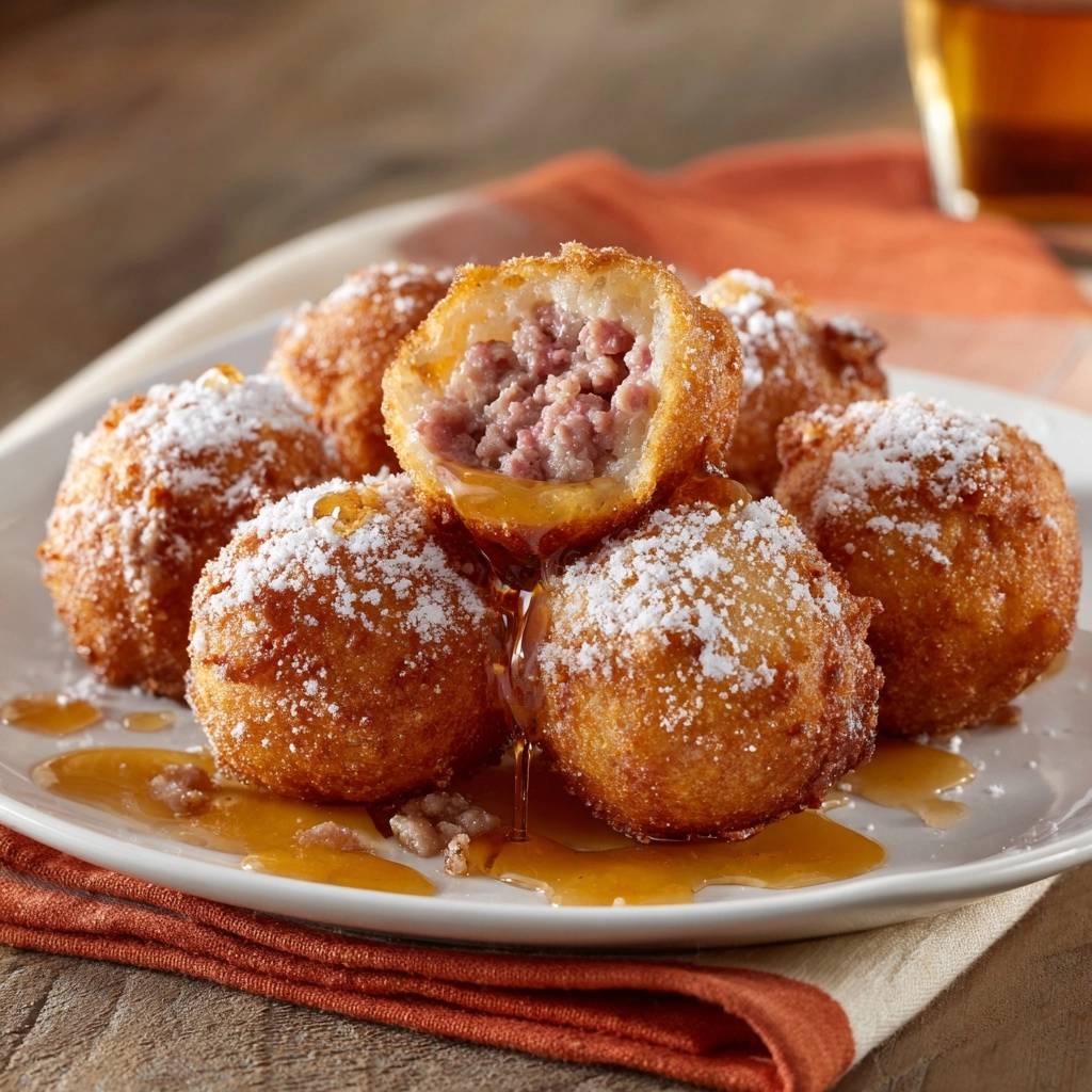 Sausage pancake breakfast bites cross-section with syrup drizzle, showing a fully cooked sausage center.