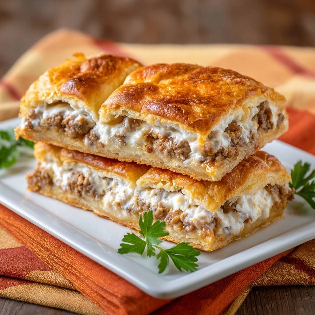 Savory beef and cream cheese puff pastry pie shown as stacked slices revealing the flaky pastry and hearty filling.