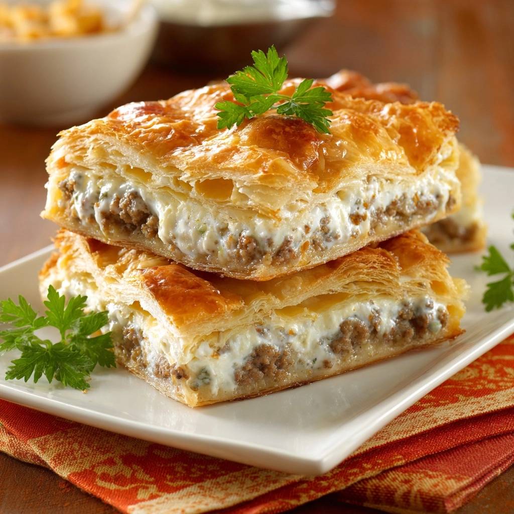 Savory beef and cream cheese puff pastry pie shown as stacked slices revealing a detailed cross-section of the flaky pastry and rich filling.