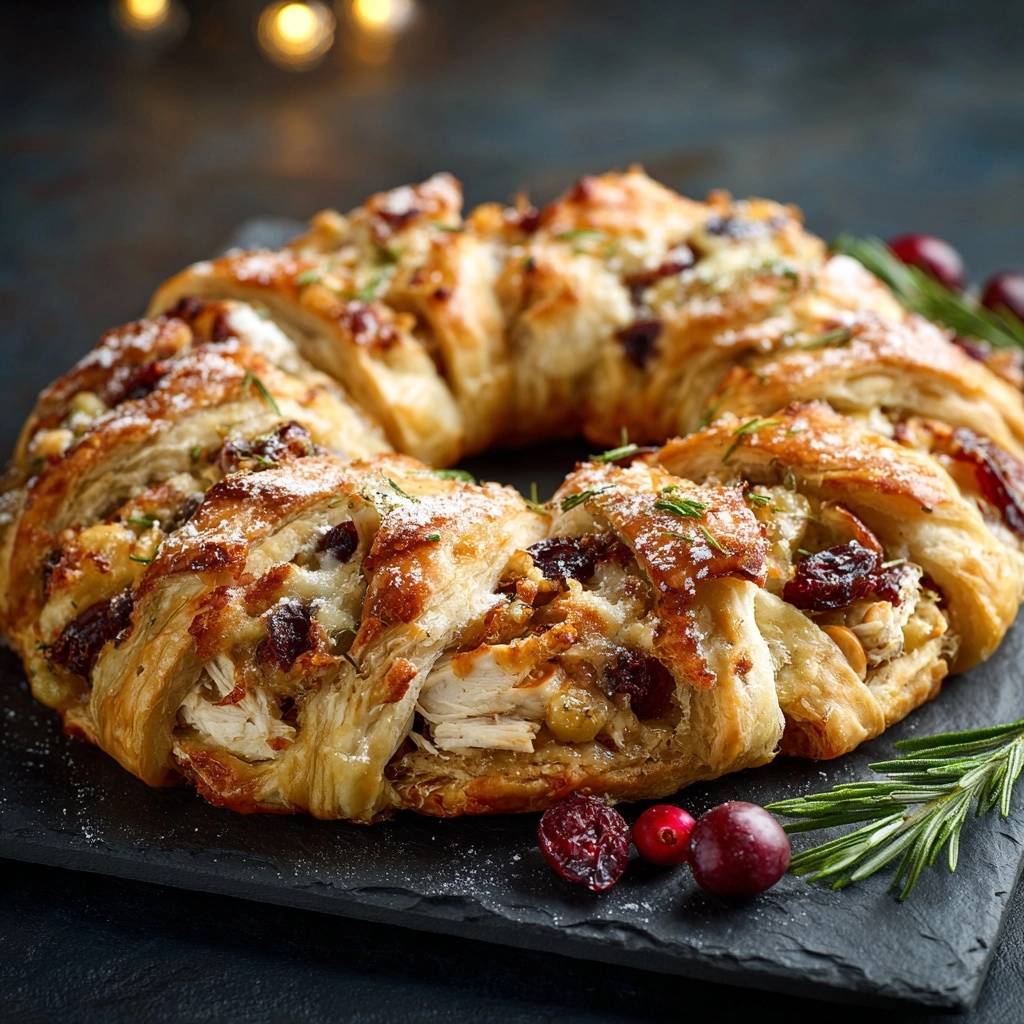 Savory cranberry chicken crescent ring shown in a close-up cross-section revealing its flaky pastry and filling.