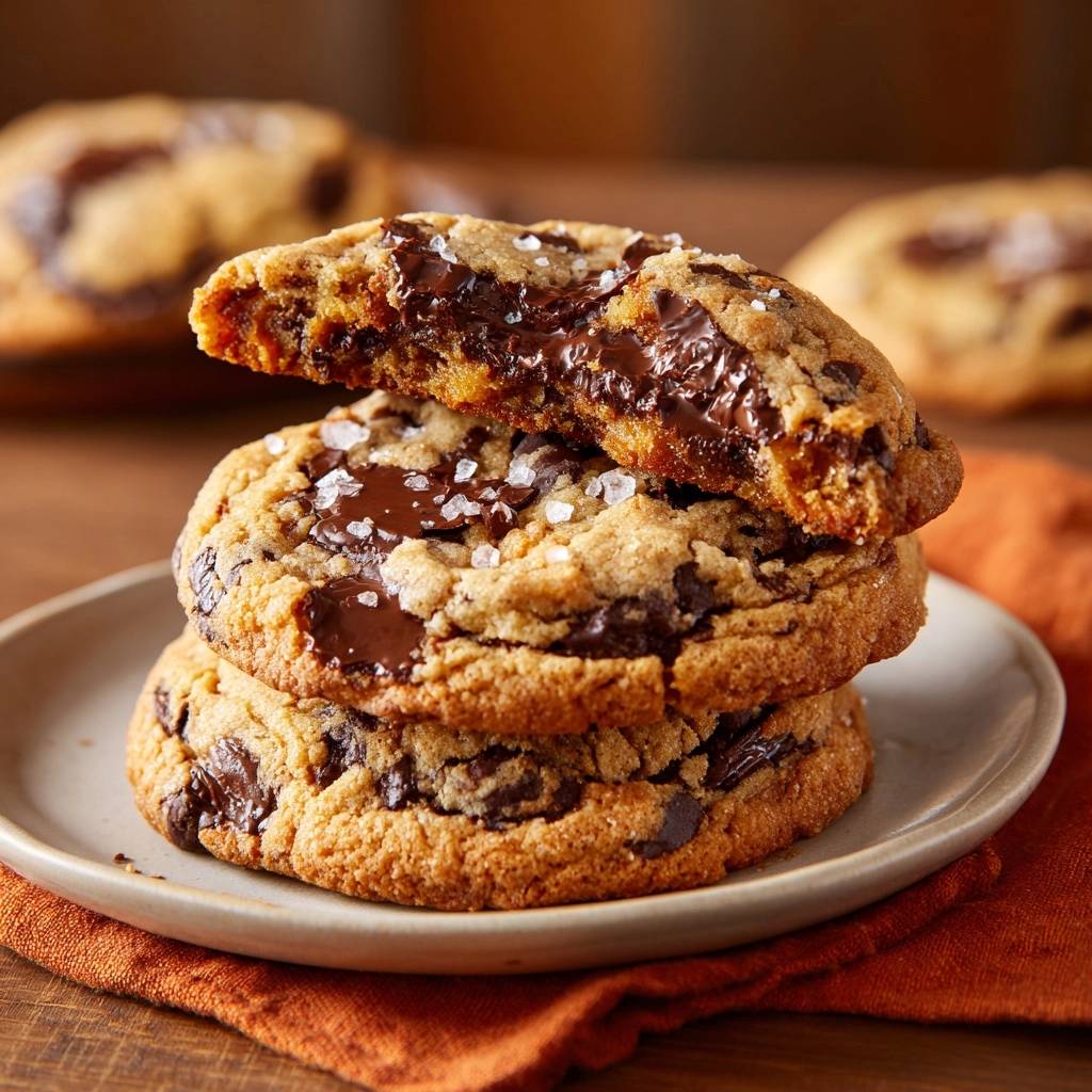 Sea Salt Chocolate Chunk Cookies shown in a cross-section, revealing thick, chewy dough and melted chocolate chunks.