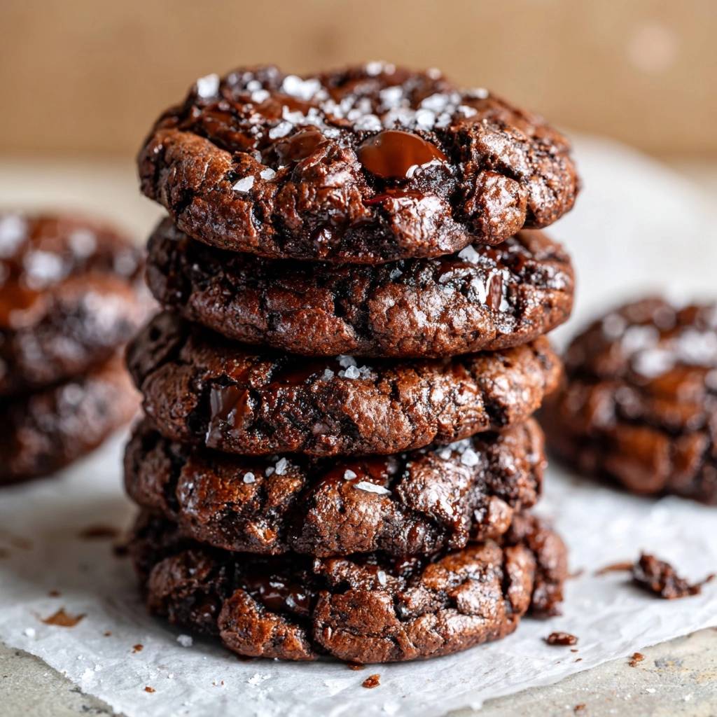 Sea salt chocolate chunk cookies, a close-up stack showing gooey chocolate chunks and flaky sea salt topping.
