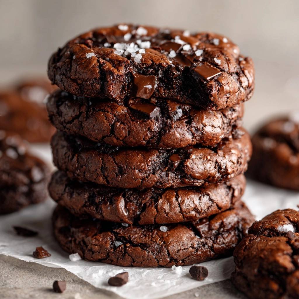 Sea salt chocolate chunk cookies stacked high, showcasing a thick, chewy texture and generous chocolate chunks.
