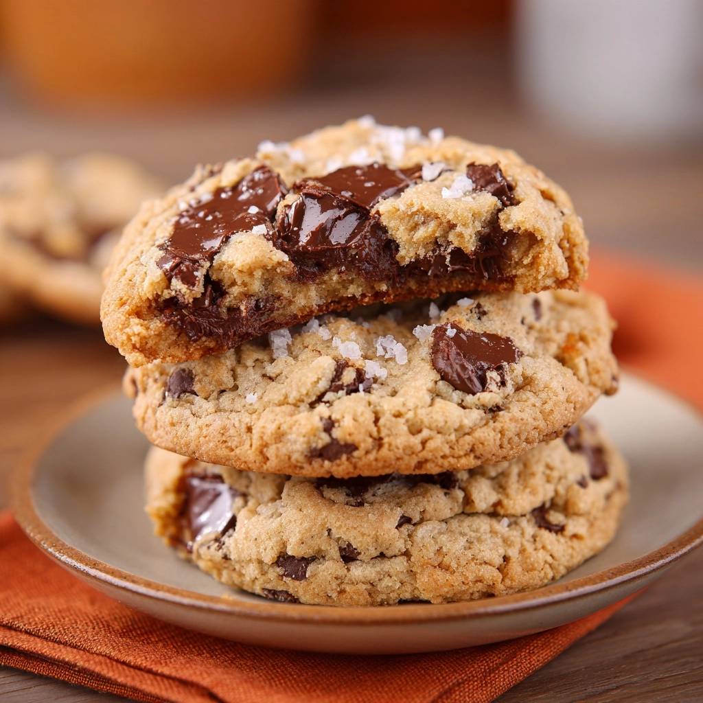 Sea Salt Chocolate Chunk Cookies stacked, with the top cookie sliced open to reveal a rich, chewy interior.