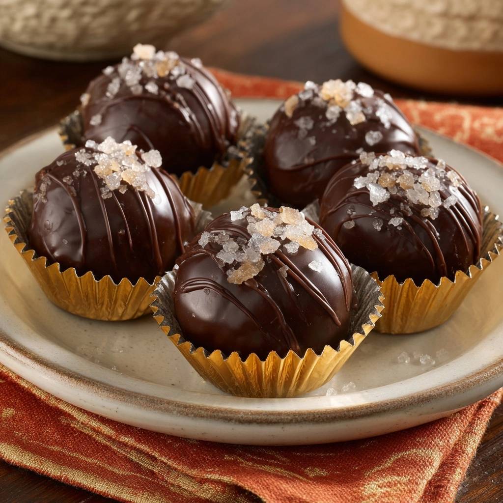 Sea salt chocolate truffles glistening with a detailed view of the coarse sugar and chocolate drizzle topping.