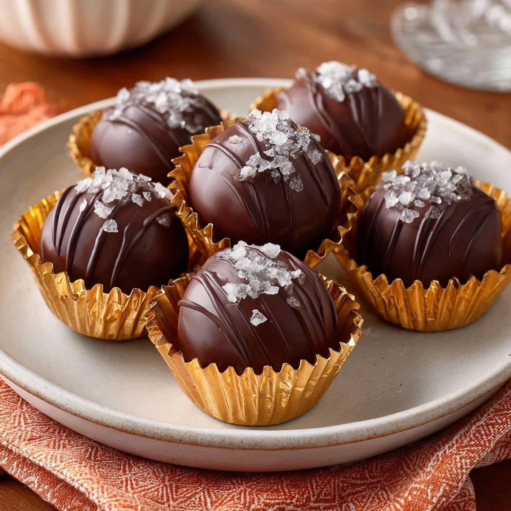 Sea Salt Chocolate Truffles presented in golden foil liners, showcasing their glossy finish and coarse salt topping.