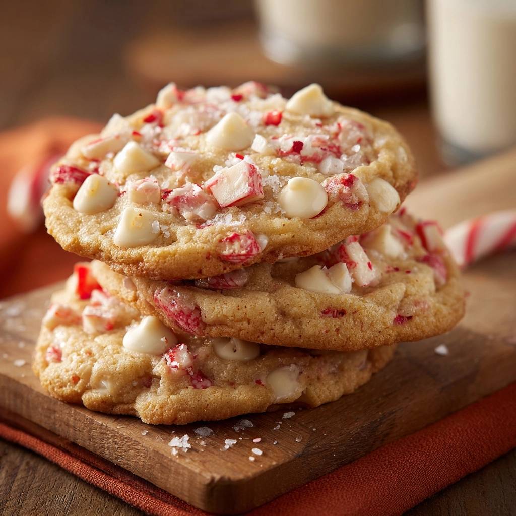 Sea Salt White Chocolate Peppermint Cookies recipe shown stacked on a wooden board with a close-up view of the candy and white chocolate chips.