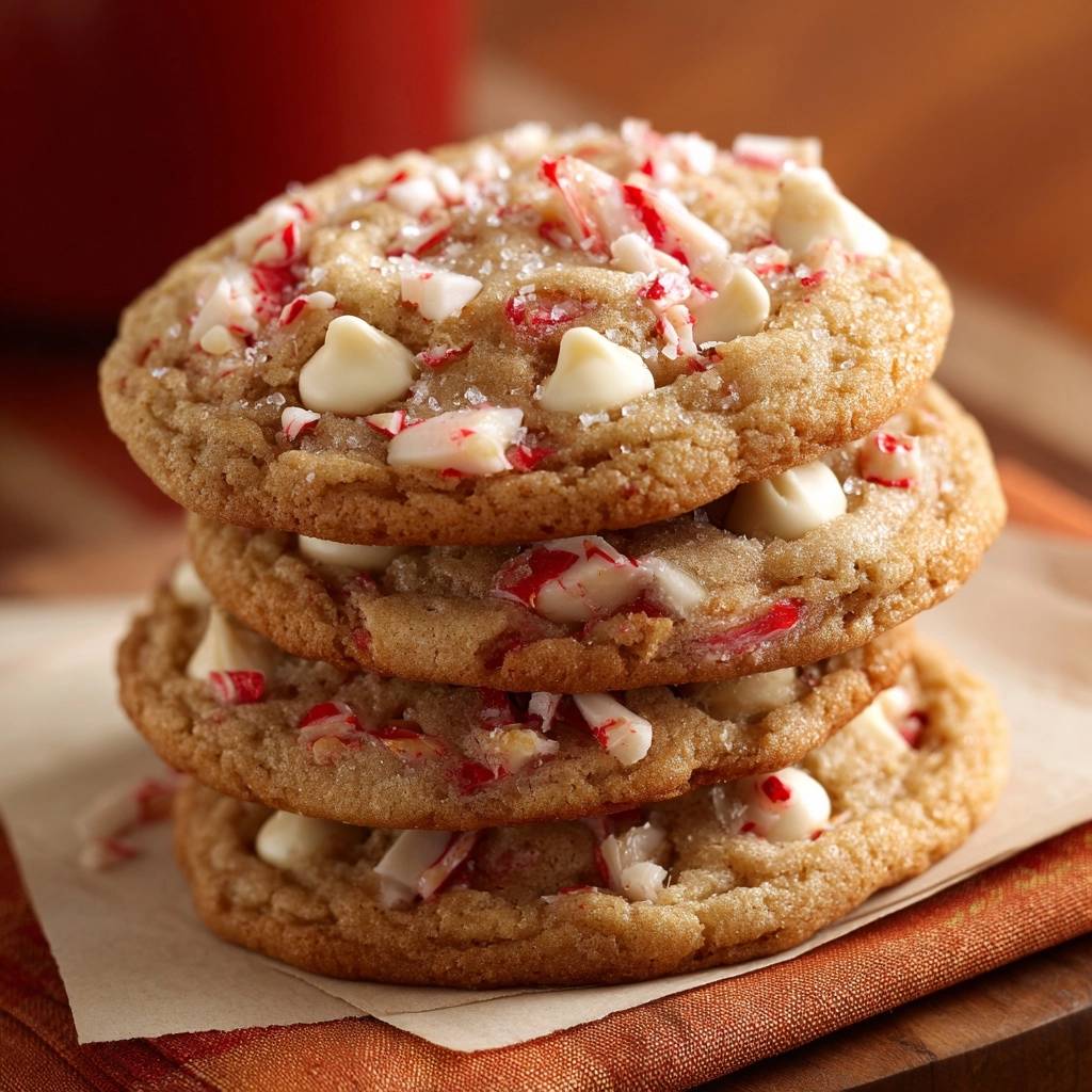 Sea salt white chocolate peppermint cookies stacked in a close-up view, showcasing the crushed candy cane and white chocolate chips.