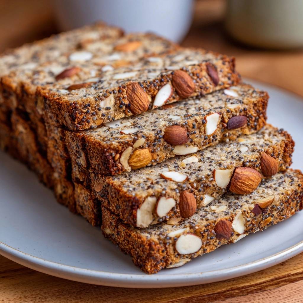 Seedy almond bread with visible almonds and chia seeds, shown in stacked slices with a detailed cross-section.