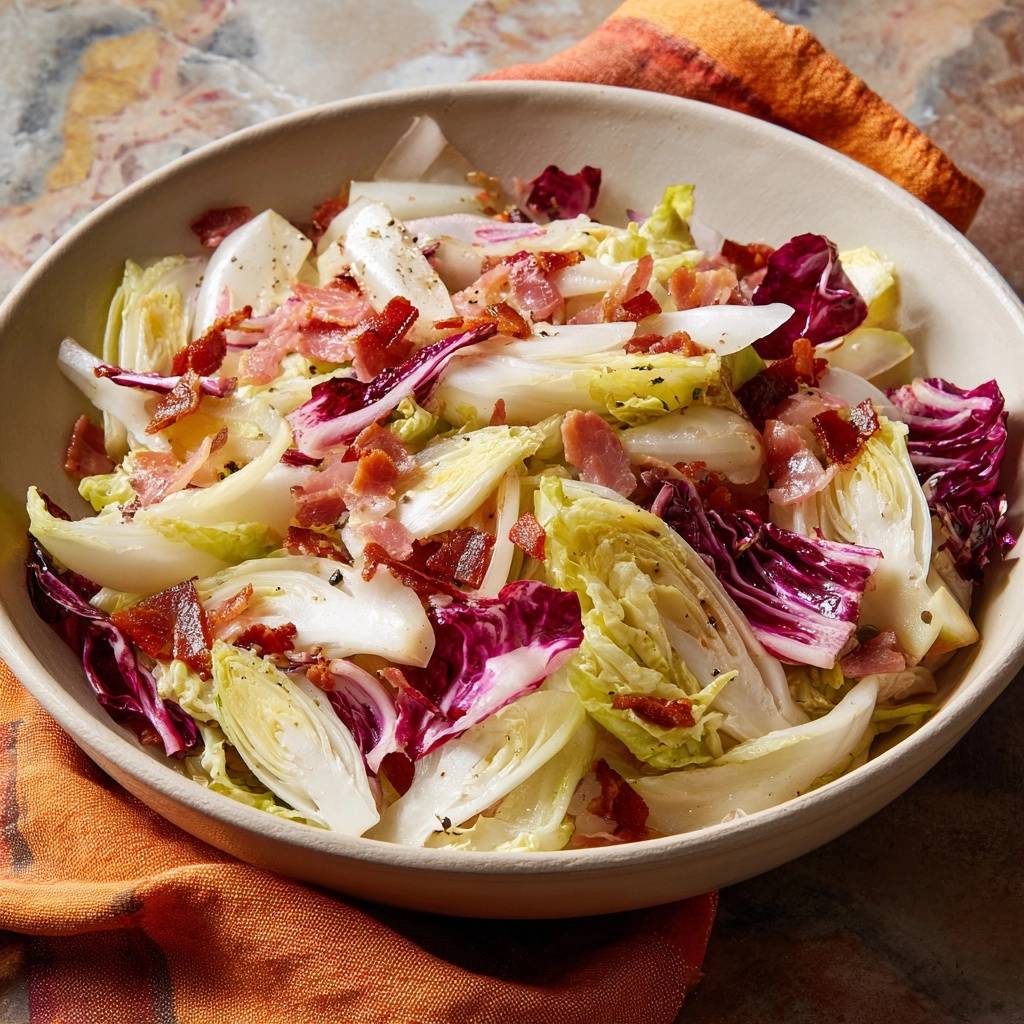 Shaved fennel bacon salad with a close-up view of the fresh ingredients and crumbled bacon.
