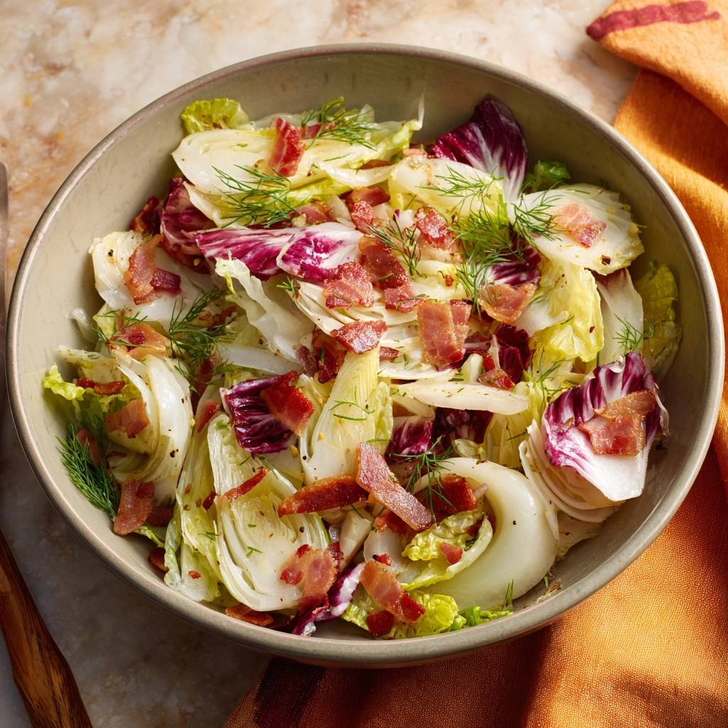 Shaved fennel bacon salad with ultra-crisp texture shown in a bowl from an overhead perspective, topped with dill.