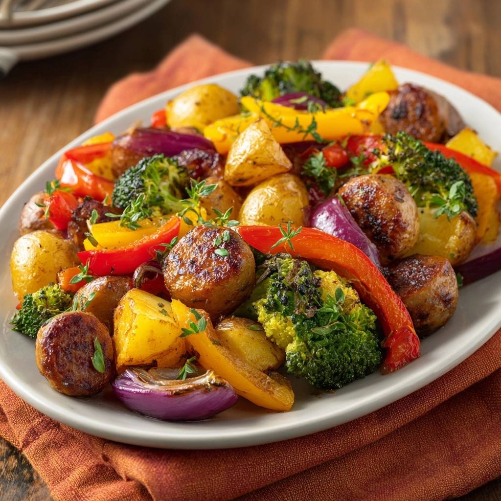Sheet pan chicken sausage with potatoes and veggies platter, a close-up view showcasing the roasted ingredients and fresh thyme garnish.
