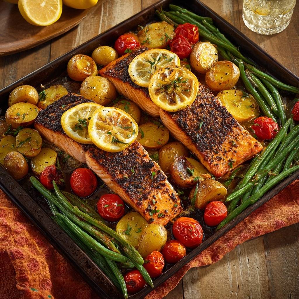 Sheet pan lemon salmon with potatoes, green beans, and tomatoes arranged on a dark baking tray, viewed from overhead.