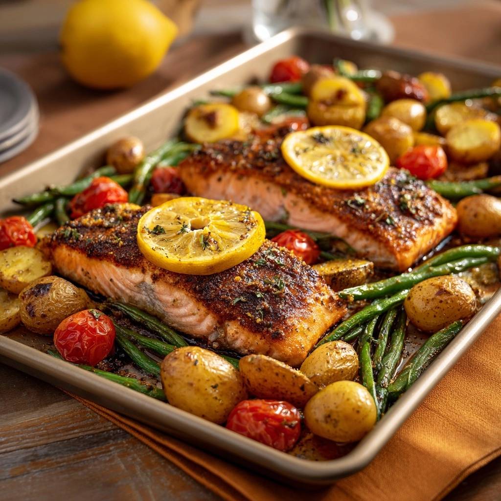 Sheet pan lemon salmon with potatoes, green beans & tomatoes, presented in a close-up overhead view on a baking tray.