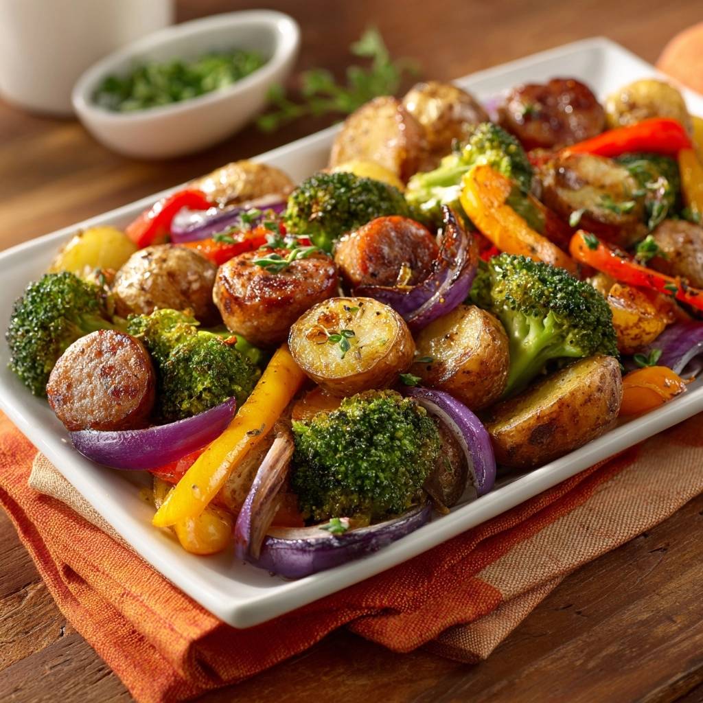 Sheet pan chicken sausage with potatoes and veggies roasted in a close-up view on a white platter.