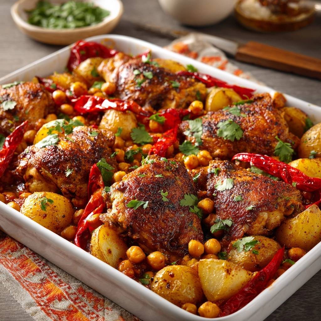 Sheet pan spiced chicken thighs with potatoes, peppers & chickpeas shown in a white baking dish, close-up view.