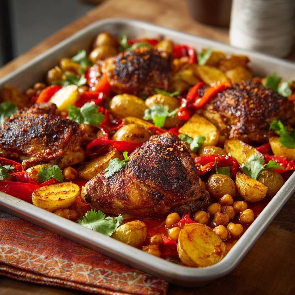 Sheet pan spiced chicken thighs with potatoes, peppers & chickpeas, a close-up of the flavorful tray bake with visible spices and fresh cilantro garnish.
