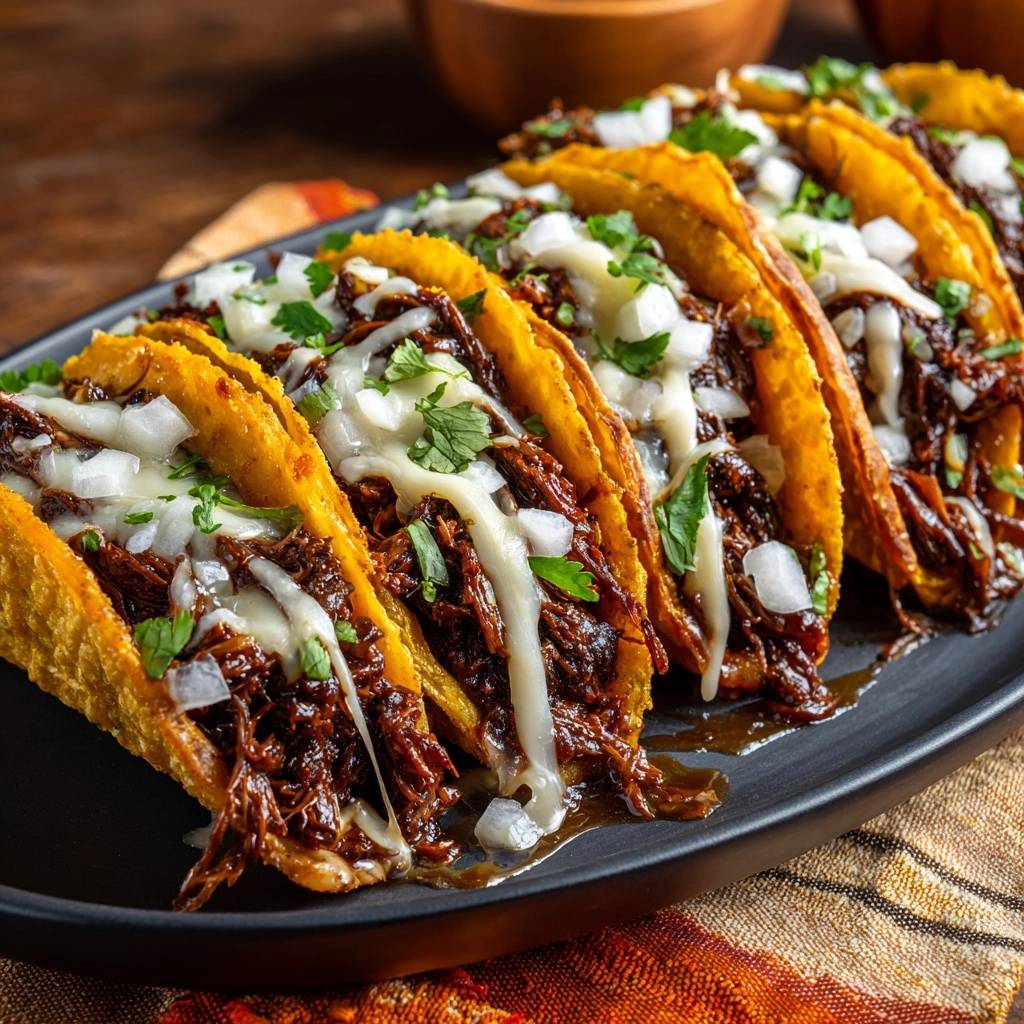 Slow cooked shredded beef tacos topped with melted cheese and fresh cilantro, presented on a black plate.