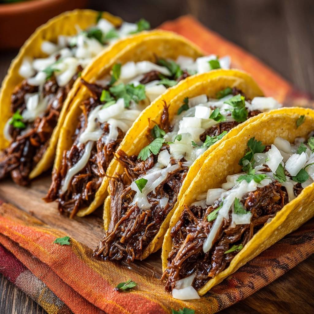 Shredded beef tacos lined up, showcasing the tender meat, white cheese, and cilantro topping in a close-up perspective.