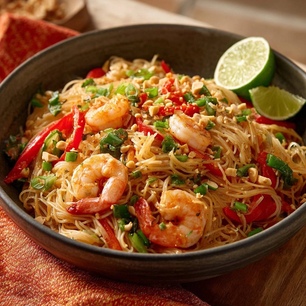 Shrimp Pad Thai served in a dark bowl, garnished with chopped peanuts, green onions, and lime wedges.