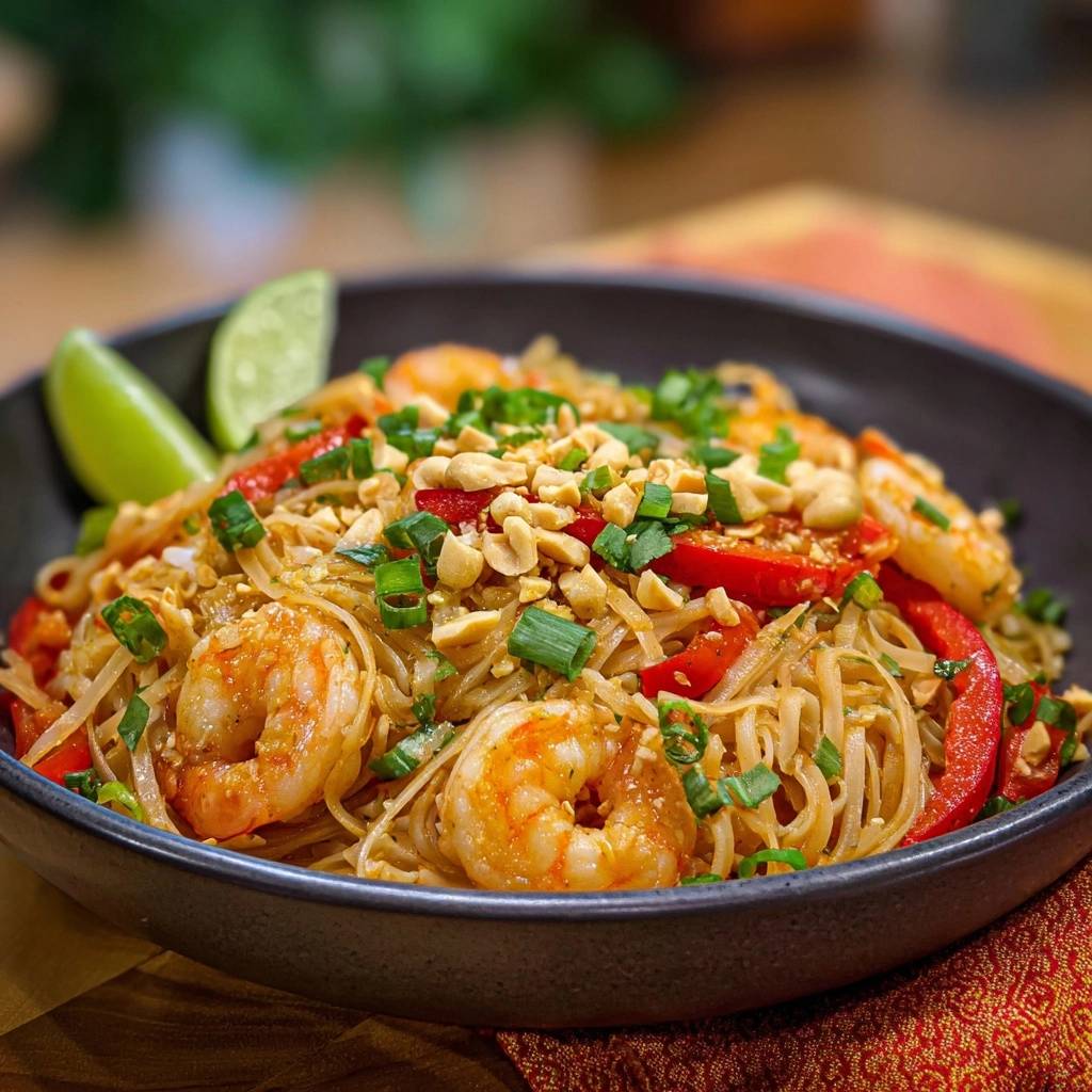 Shrimp Pad Thai served in a dark bowl, topped with chopped peanuts and green onions, with lime wedges.