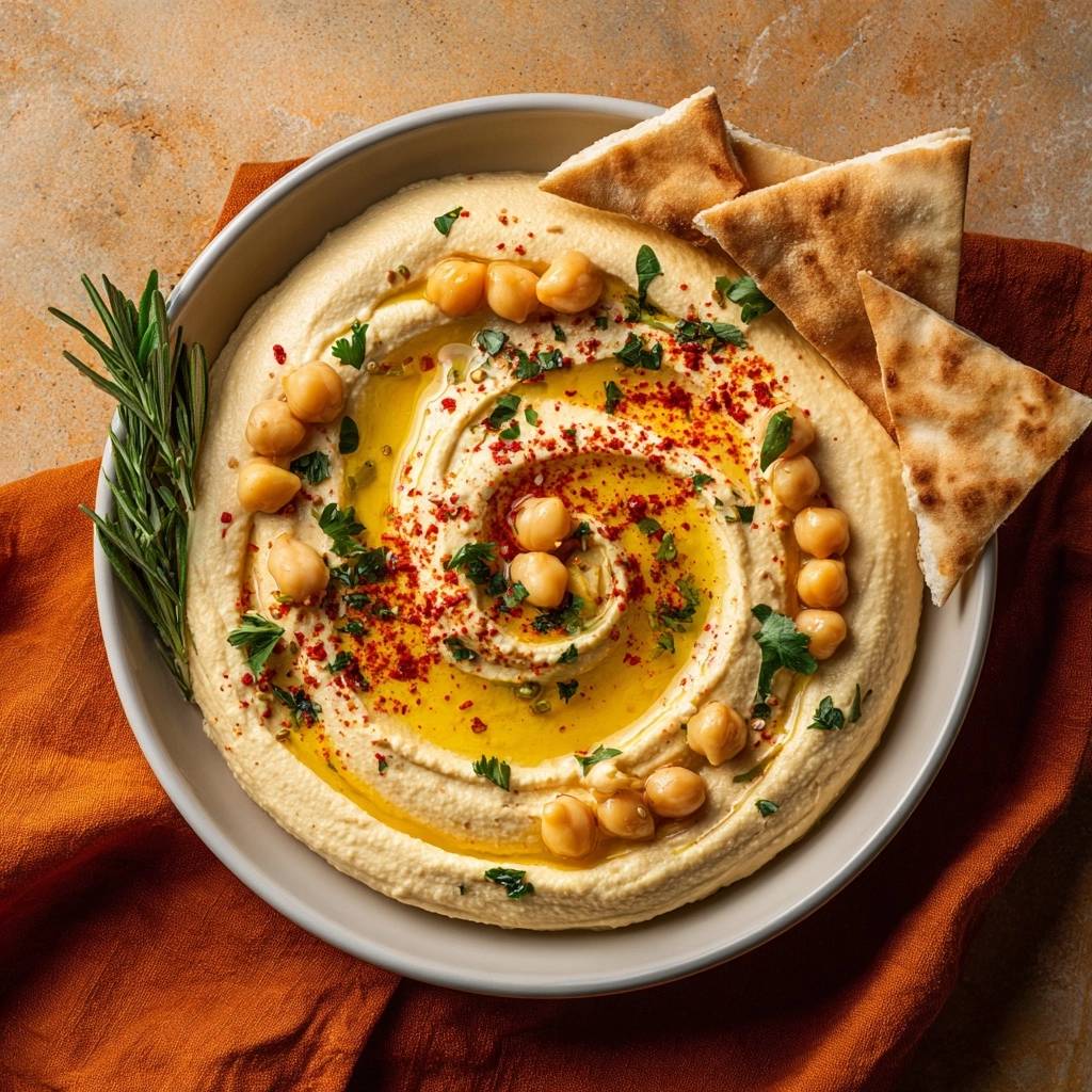 Silky smooth hummus with a swirl of olive oil, garnished with chickpeas, paprika, and parsley, served with pita bread.