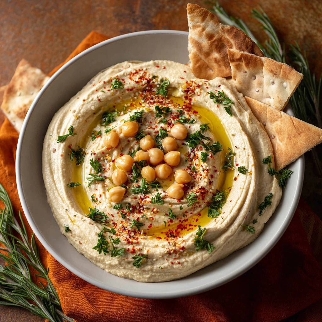 Silky smooth hummus garnished with chickpeas, parsley, and chili flakes, served with pita bread triangles.