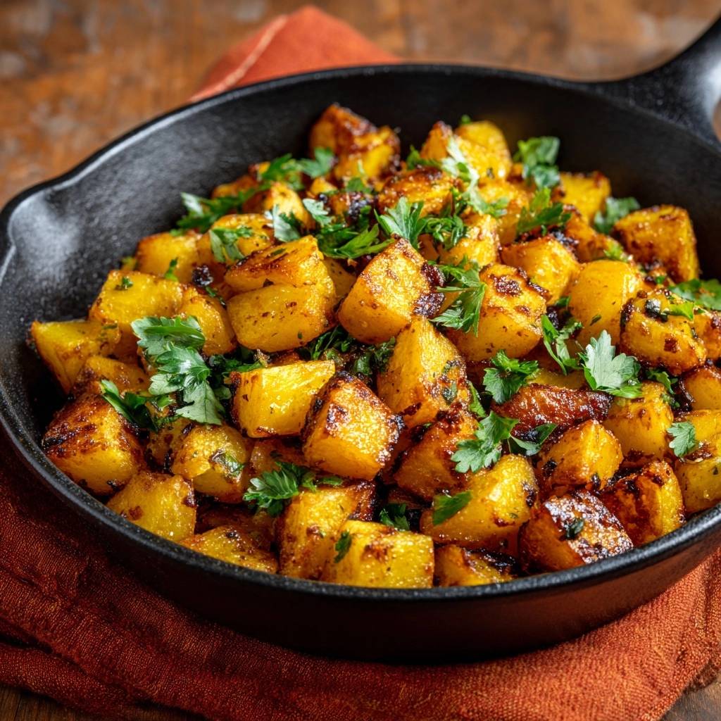 Crispy skillet breakfast potatoes in a cast iron skillet, generously garnished with fresh parsley.