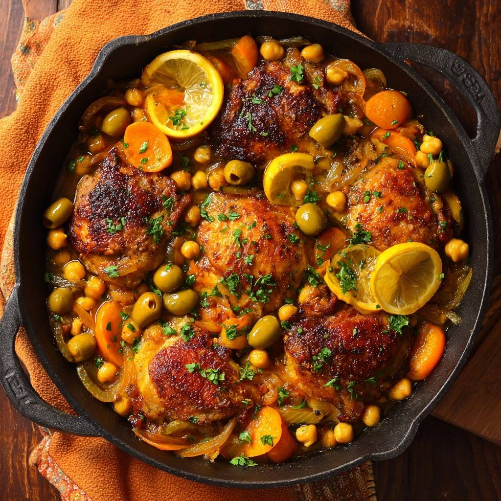 Skillet chicken with chickpeas, olives & citrus presented in a cast iron pan, viewed from directly above.