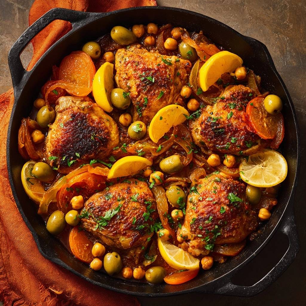 Skillet chicken with chickpeas, olives & citrus presented in a cast iron pan with an overhead view.