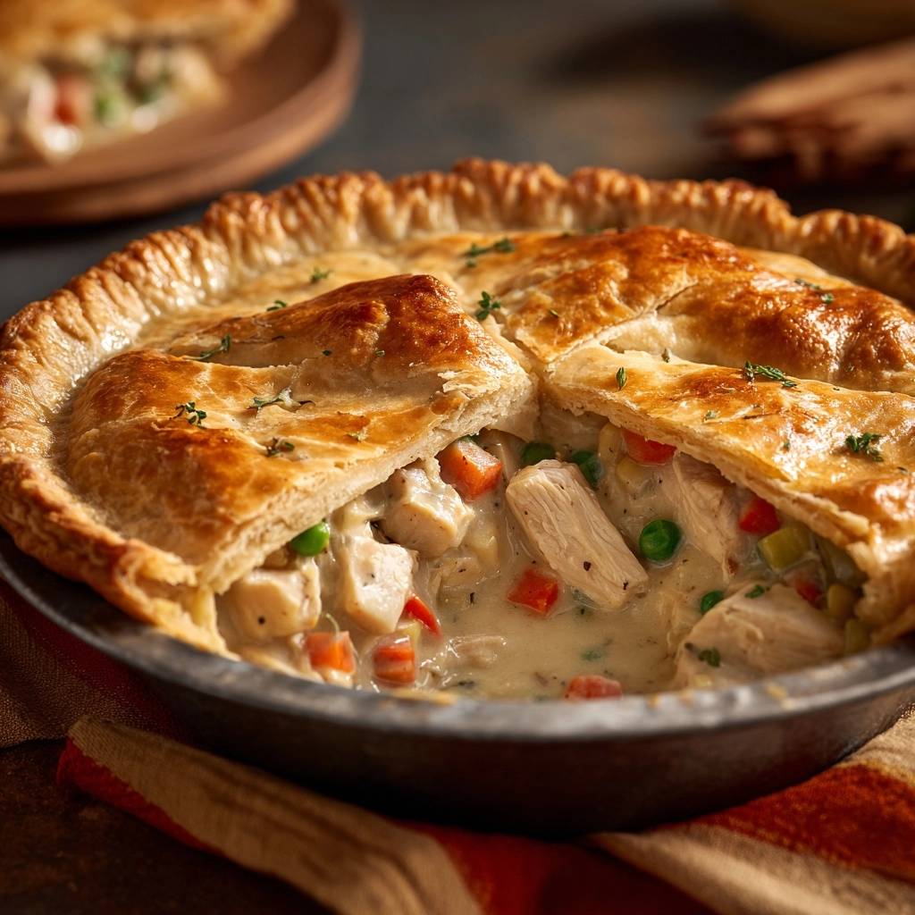 Skillet chicken pot pie with flaky crust shown in a cross-section revealing the creamy chicken and vegetable filling.