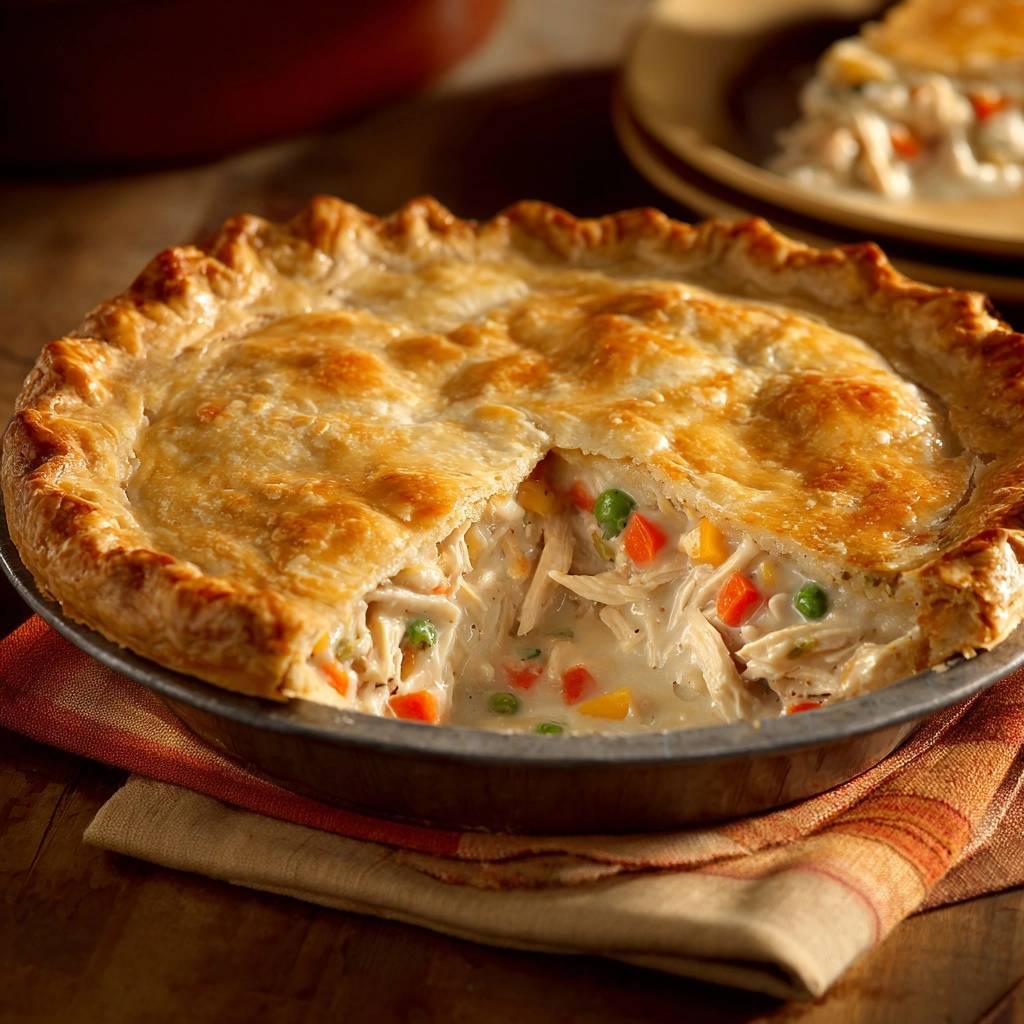 Skillet chicken pot pie with flaky crust shown in a cross-section revealing the creamy chicken and vegetable filling.