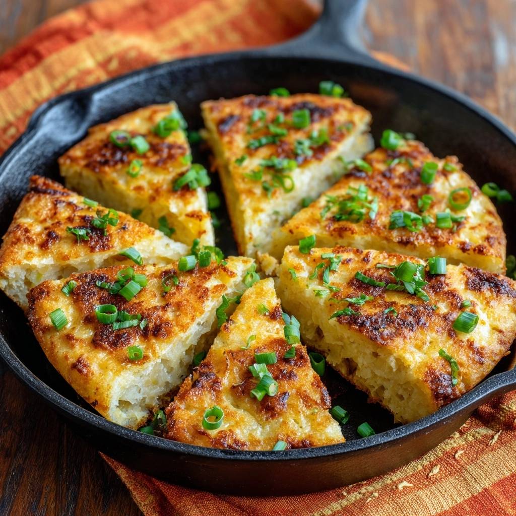 Crispy skillet potato cake sliced into wedges and garnished with fresh green onions in a cast iron pan.