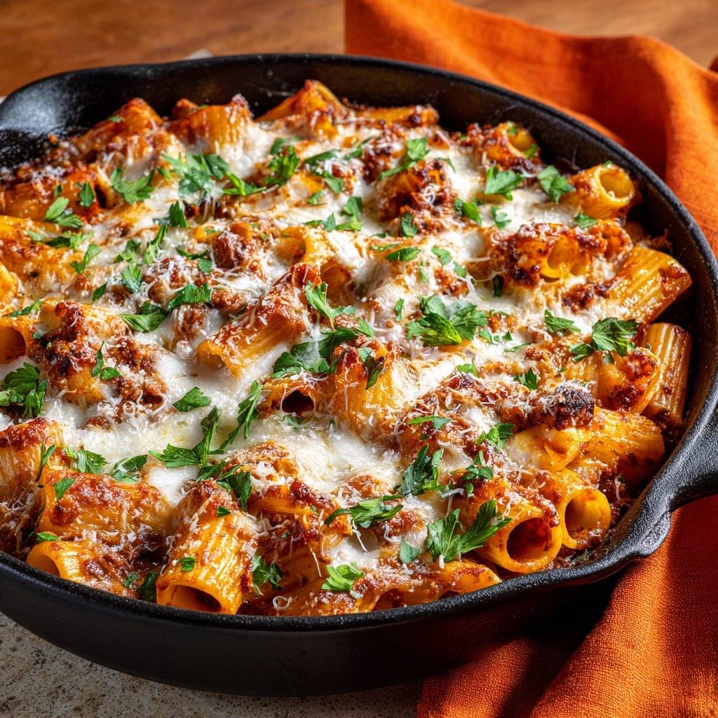 Skillet rigatoni bolognese bake served bubbling hot in a cast iron skillet, topped with melted cheese and fresh parsley.