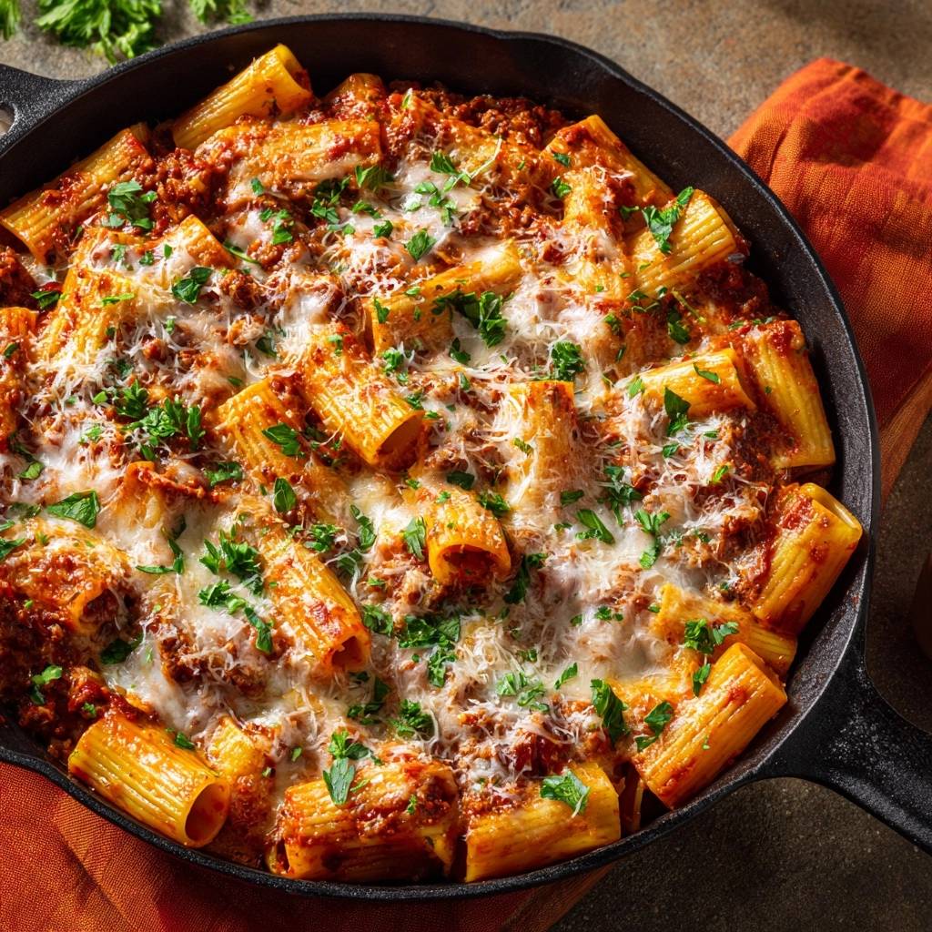 Skillet rigatoni bolognese bake with melted cheese and fresh parsley, shown in an overhead view.
