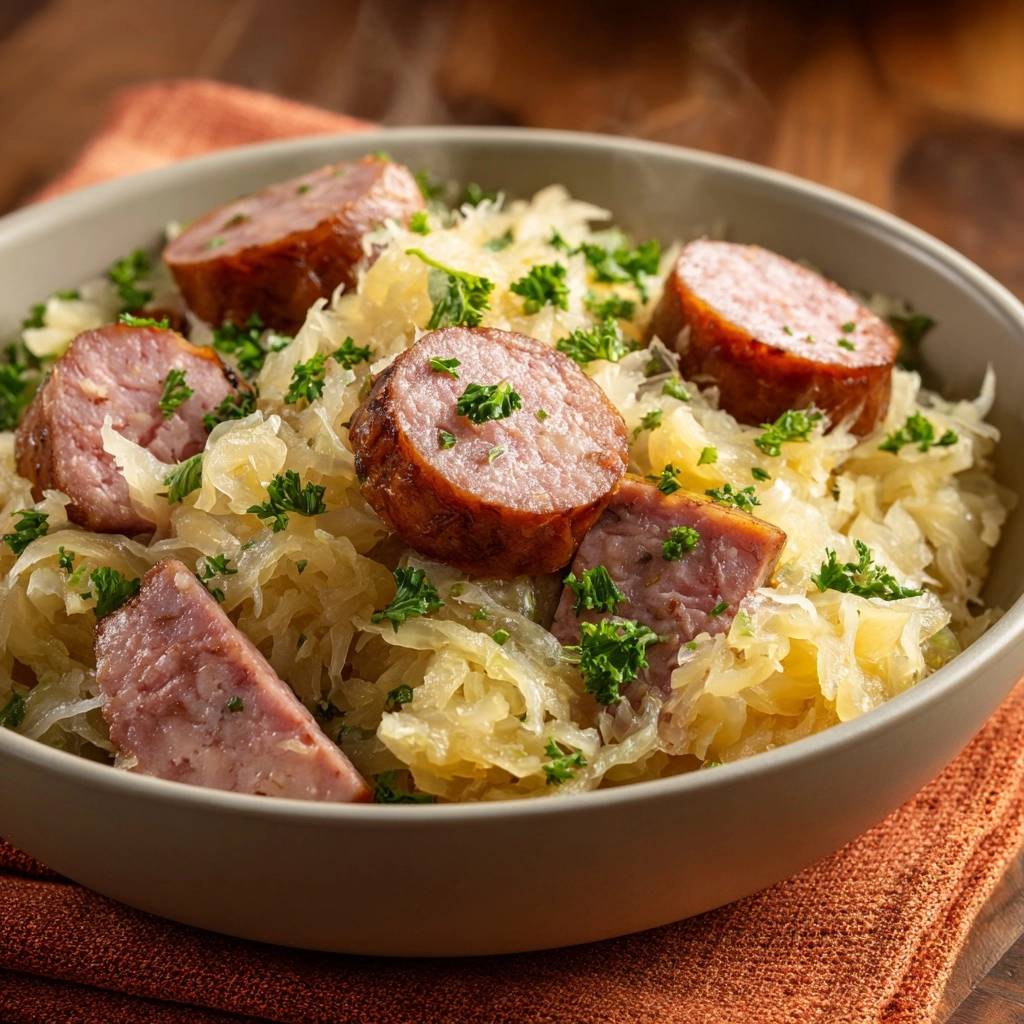 Skillet sauerkraut and smoked sausages served in a bowl, garnished with fresh parsley, showing a close-up view.
