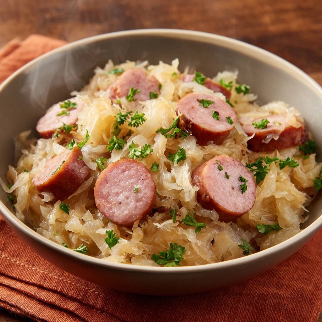 Skillet sauerkraut and smoked sausages served in a rustic bowl, garnished with fresh parsley.