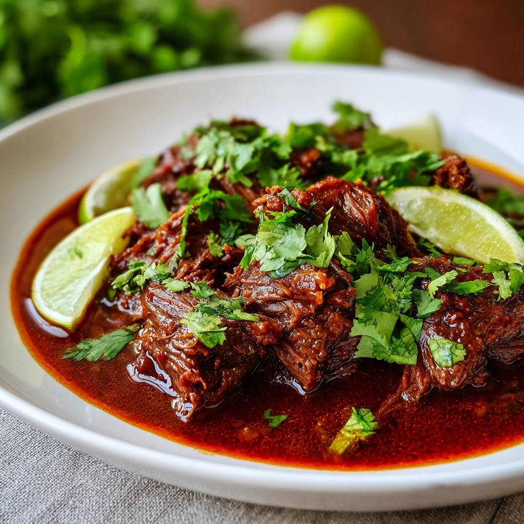 Slow braised beef birria served in a white bowl, garnished with fresh cilantro and lime wedges.