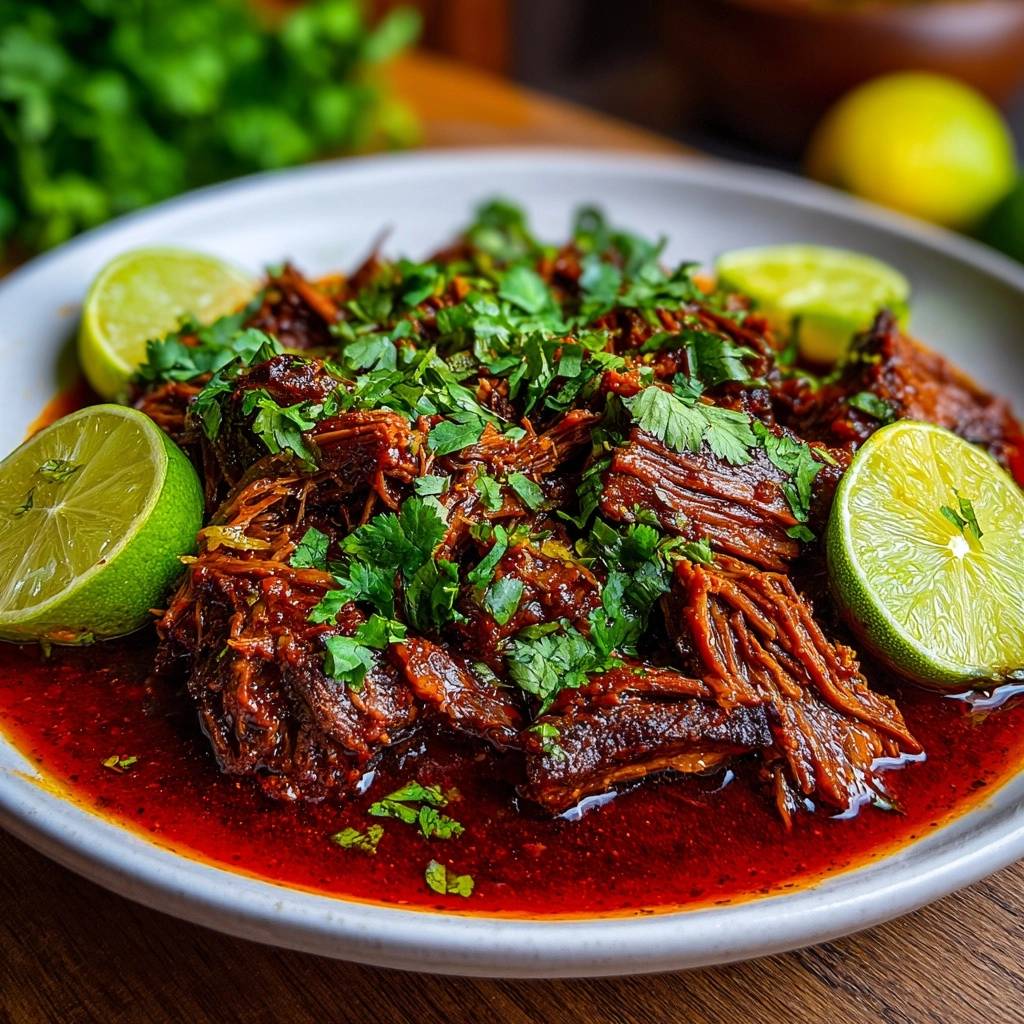 Slow braised beef birria plated with fresh cilantro and lime wedges, showing tender shredded meat.