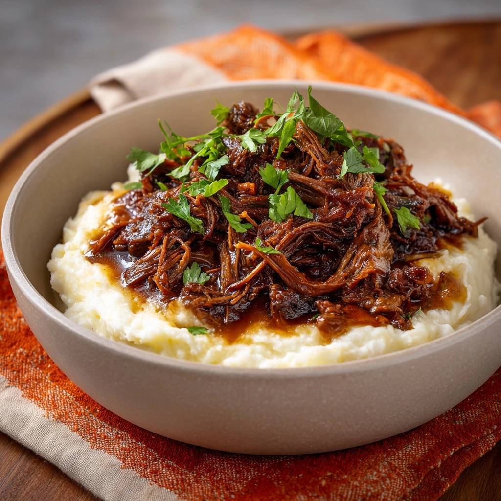 Slow cooked braised beef and mashed potatoes served in a bowl, garnished with parsley, close-up detail.